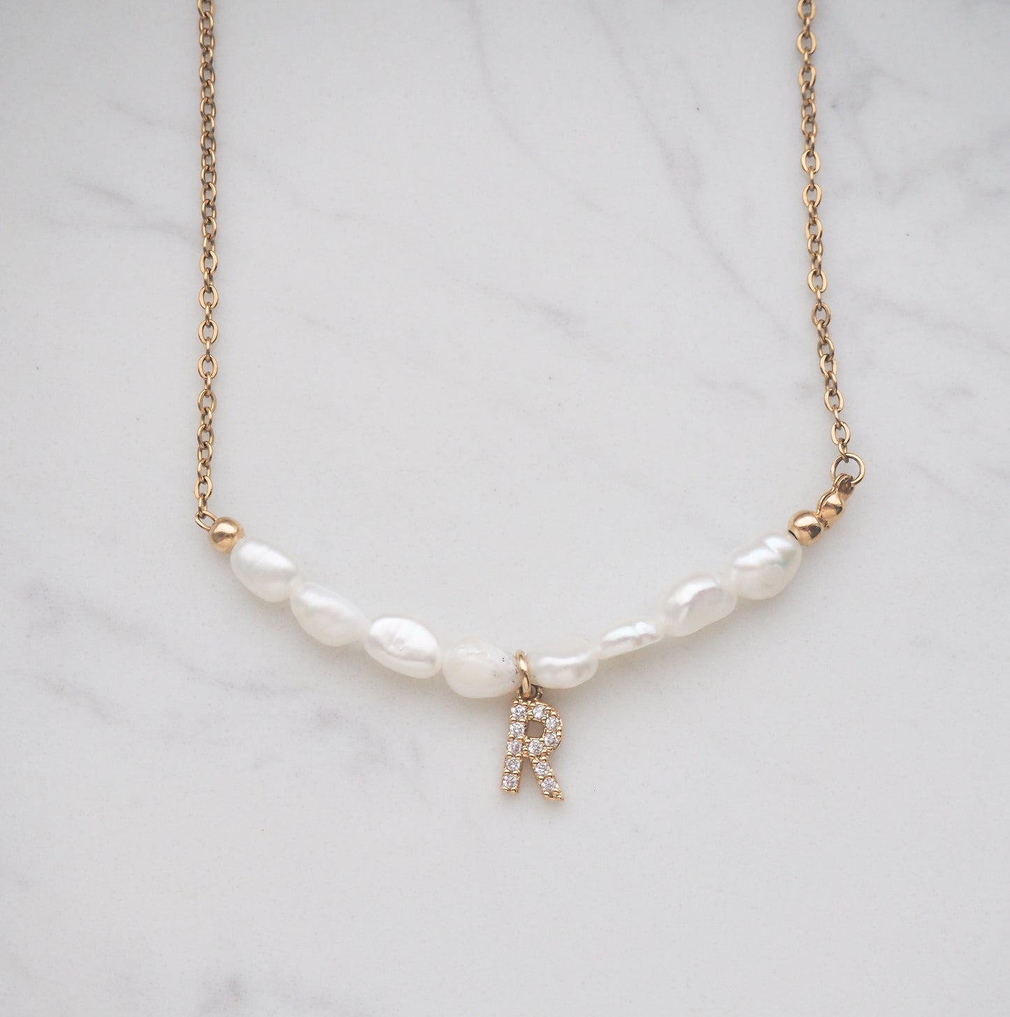 Freshwater Pearl Initial Necklace Gold A - Main Image